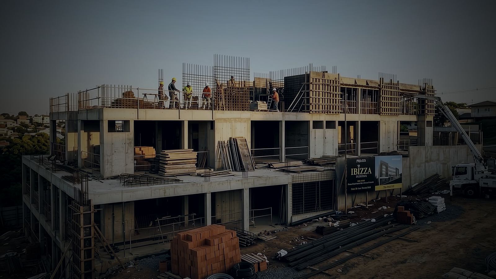 Obra do Ibizza Residencial ao entardecer, em Nova Serrana
