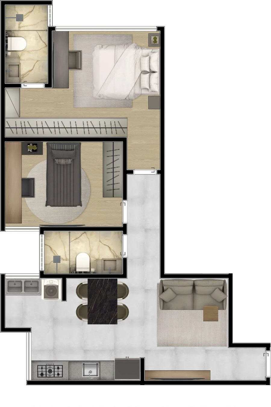 Planta dos apartamentos 01, 06, 07 e 11 do Ibizza Residencial