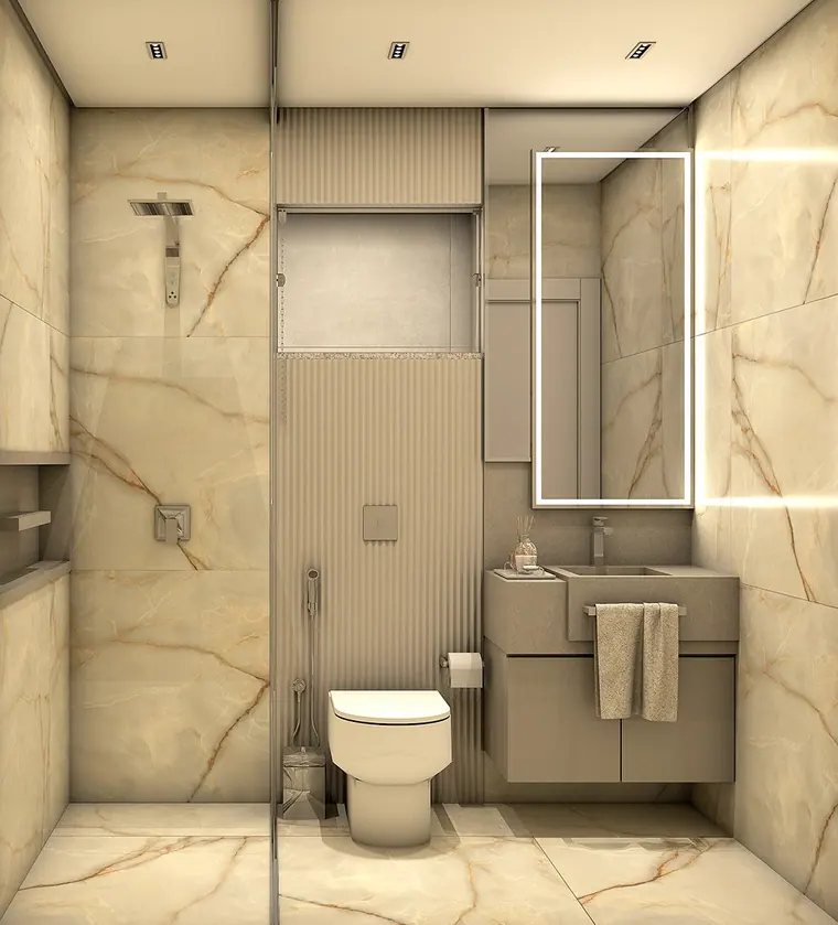Banheiro em porcelanato marmorizado