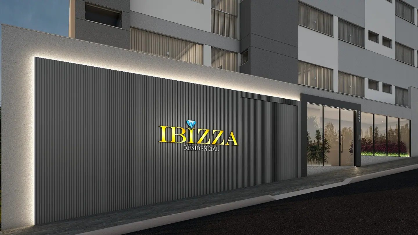 Render da fachada do Ibizza Residencial ao entardecer